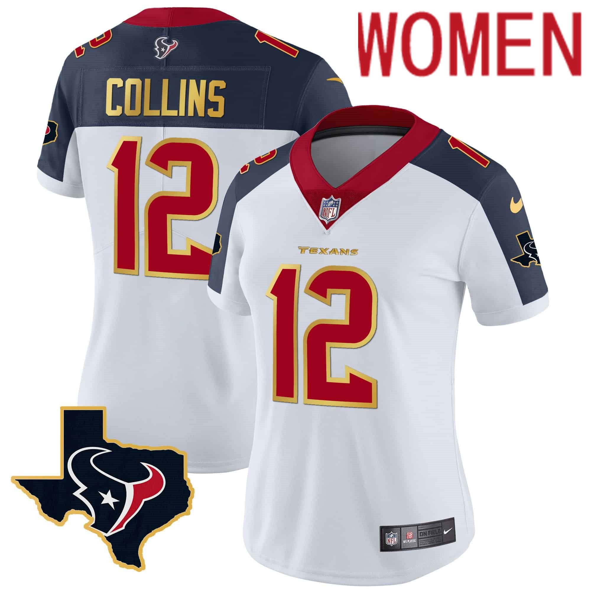 Women Houston Texans #12 Collins White Gold 2024 Nike Trim Vapor NFL Jersey style 2